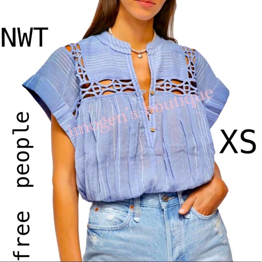NWT (XS) Free People periwinkle blue boho elasticated crop blouson cut out